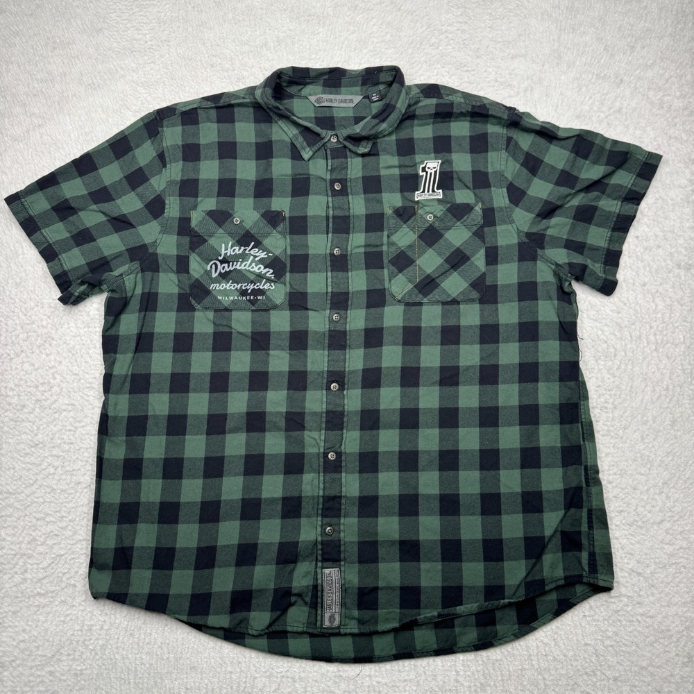 Harley Davidson Button Up Short Sleeve Plaid Shirt w/ Patch Green Men's Size 3XL